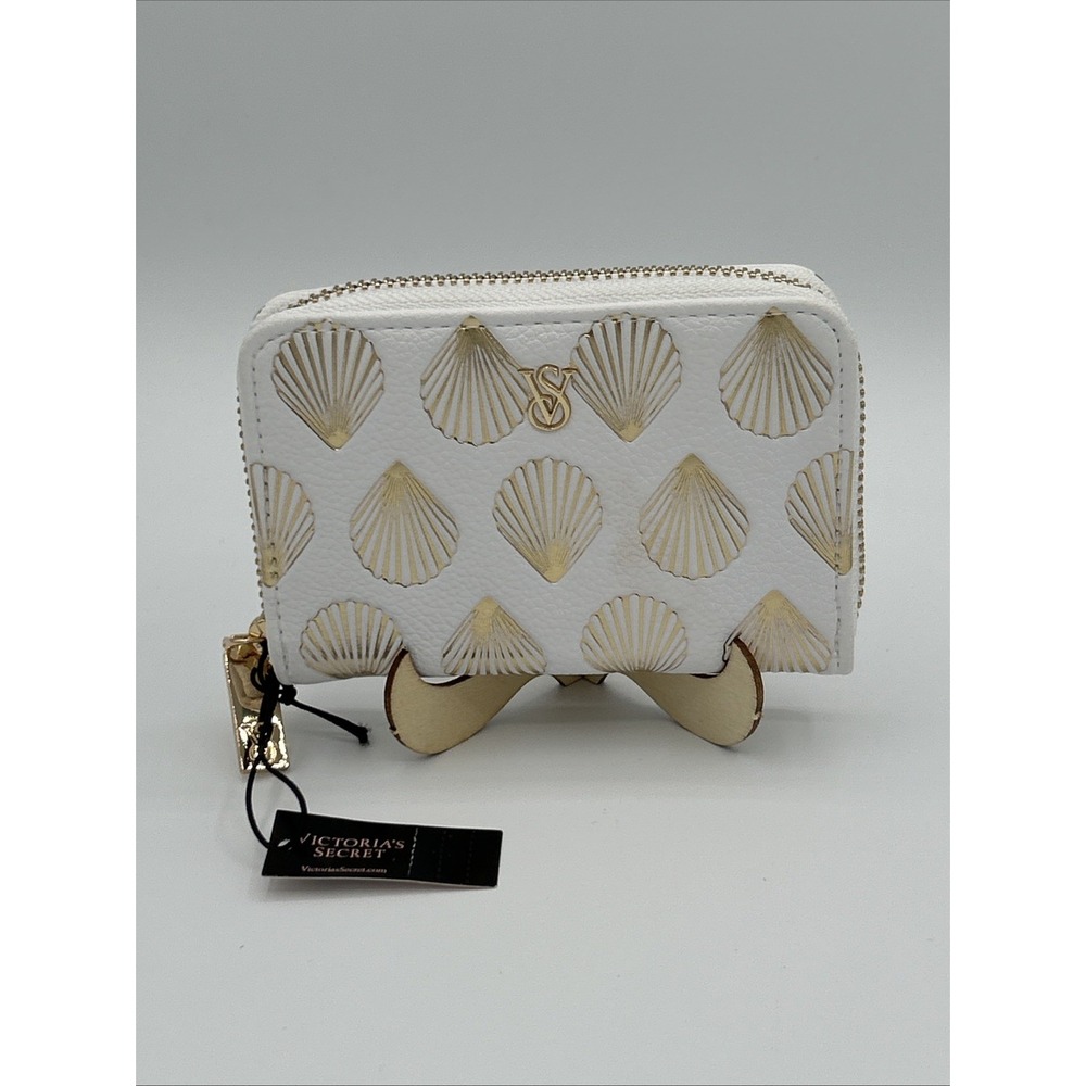 Victoria's Secret Small Wallet Zip Around White Gold Seashell VS Logo NWT